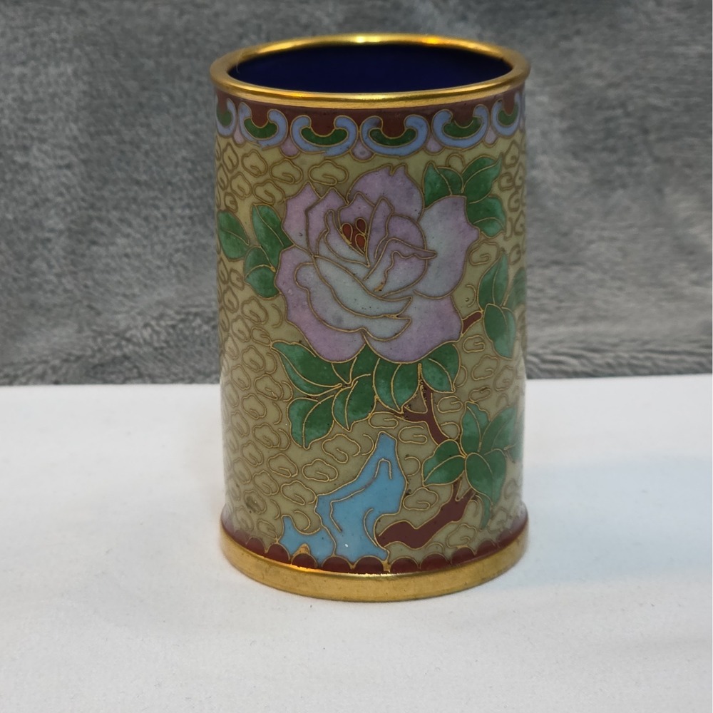 Vintage Cloisonne Enamel And Brass Rose 3" Trinket Eyebrush Canister